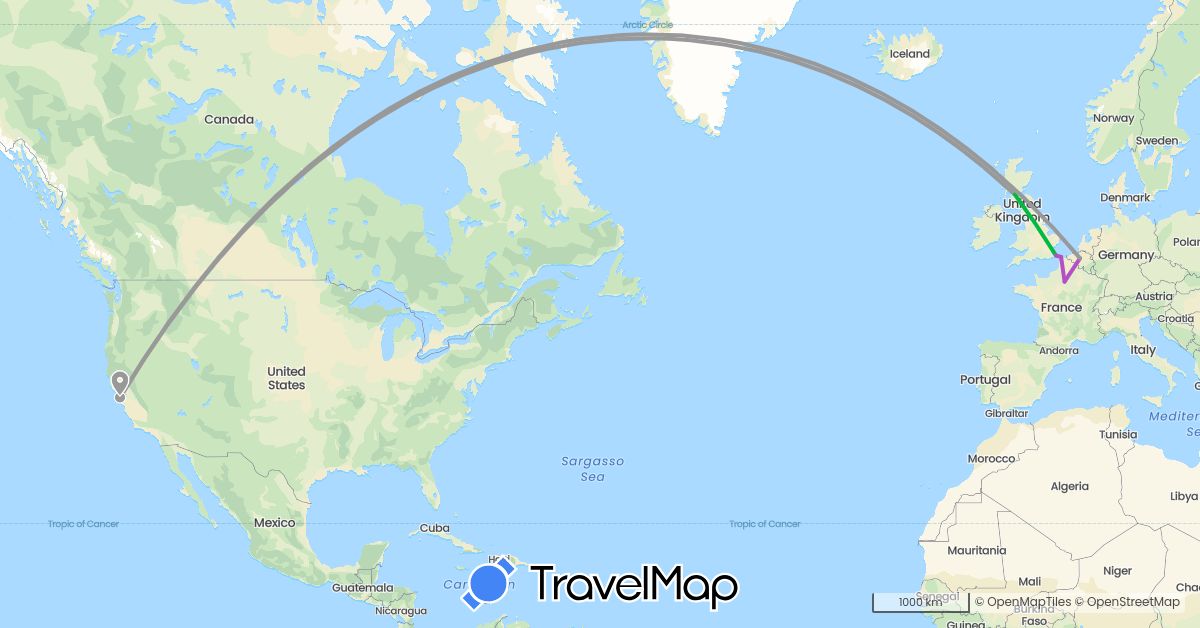 TravelMap itinerary: driving, bus, plane, train in Belgium, France, United Kingdom, United States (Europe, North America)